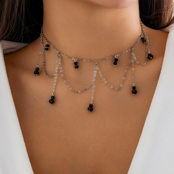 Jewelry Lolita Lace Imitation Crystal Black Gothic Wind Water Drop Tassel Handmade Women's Choker Necklace With Flower Pattern