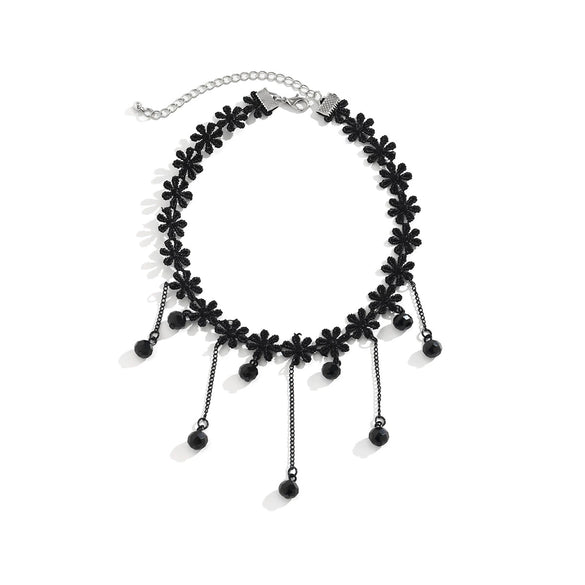 Jewelry Lolita Lace Imitation Crystal Black Gothic Wind Water Drop Tassel Handmade Women's Choker Necklace With Flower Pattern
