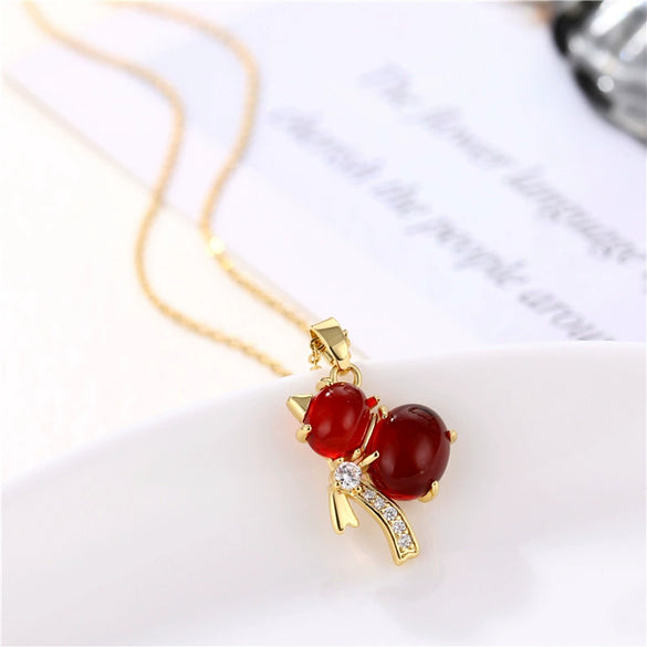 Jewelry Lucky Red Agate Gourd Pendant With Diamonds Titanium Steel Necklace For Women