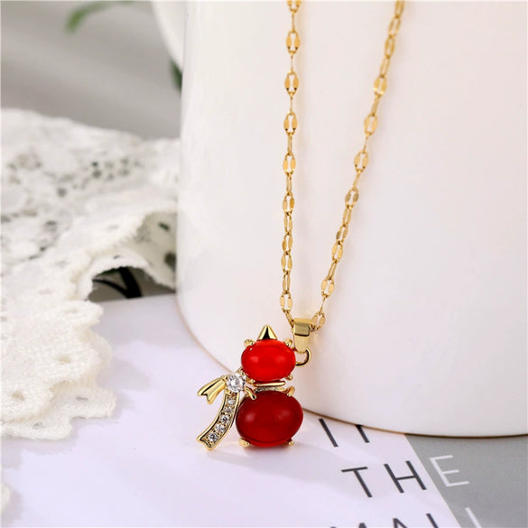 Jewelry Lucky Red Agate Gourd Pendant With Diamonds Titanium Steel Necklace For Women