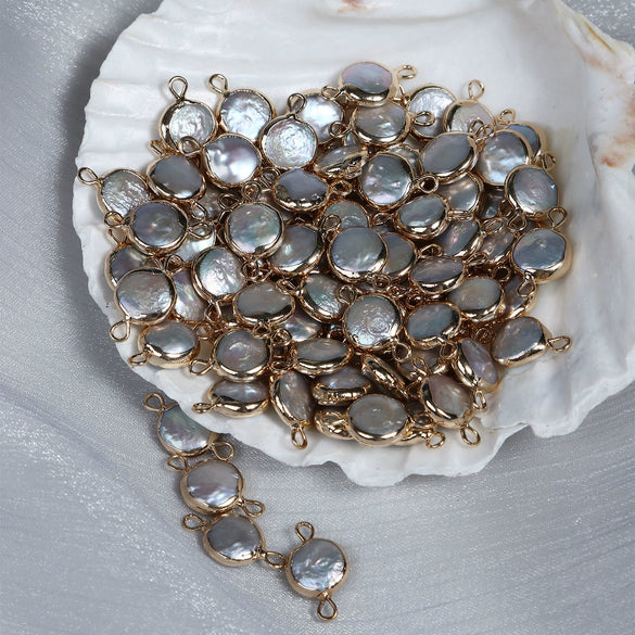 Jewelry Material Natural Freshwater Pearl Copper Gold Plated Double Hanging Button Edging Baroque Round
