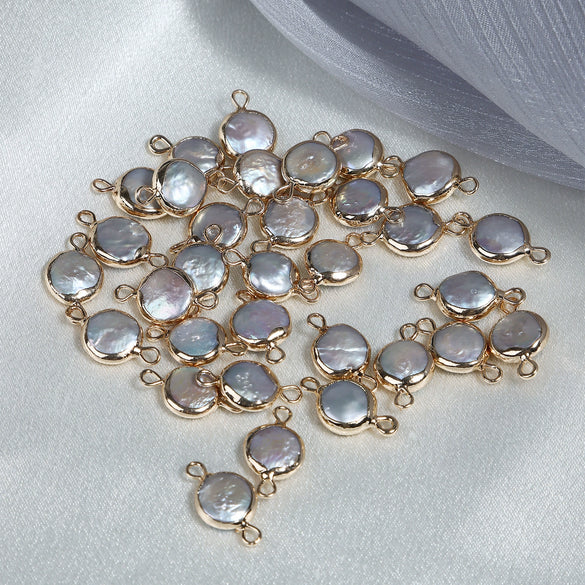 Jewelry Material Natural Freshwater Pearl Copper Gold Plated Double Hanging Button Edging Baroque Round