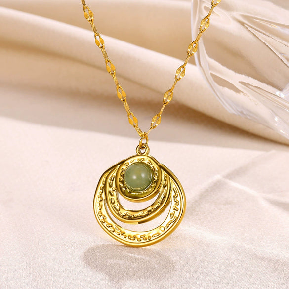 Jewelry Medieval Style Stainless Steel Geometric Turquoise Pendant Clavicle Chain With Mixed Gemstone Inlay And Electroplating