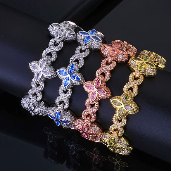 Jewelry Men's Hip Hop Cuban Chain Necklace And Bracelet With Fourleaf Clover Figureeight Design Copper Inlaid Zircon