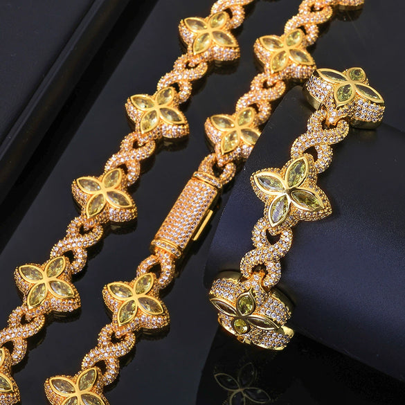 Jewelry Men's Hip Hop Cuban Chain Necklace And Bracelet With Fourleaf Clover Figureeight Design Copper Inlaid Zircon