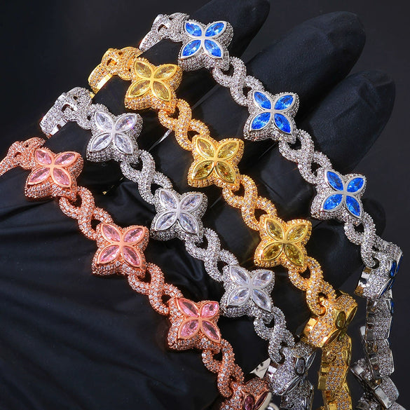 Jewelry Men's Hip Hop Cuban Chain Necklace And Bracelet With Fourleaf Clover Figureeight Design Copper Inlaid Zircon