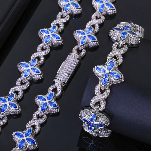 Jewelry Men's Hip Hop Cuban Chain Necklace And Bracelet With Fourleaf Clover Figureeight Design Copper Inlaid Zircon