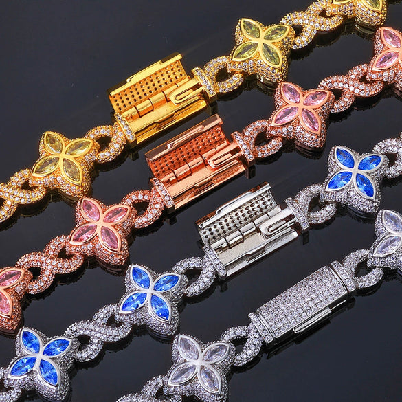 Jewelry Men's Hip Hop Cuban Chain Necklace And Bracelet With Fourleaf Clover Figureeight Design Copper Inlaid Zircon