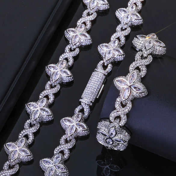 Jewelry Men's Hip Hop Cuban Chain Necklace And Bracelet With Fourleaf Clover Figureeight Design Copper Inlaid Zircon
