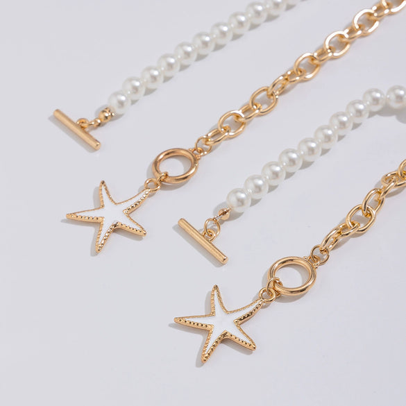Jewelry Metal Alloy Ball Chain Starfish Pendant Necklace With Star Geometric Pattern Dripping Oil Treatment