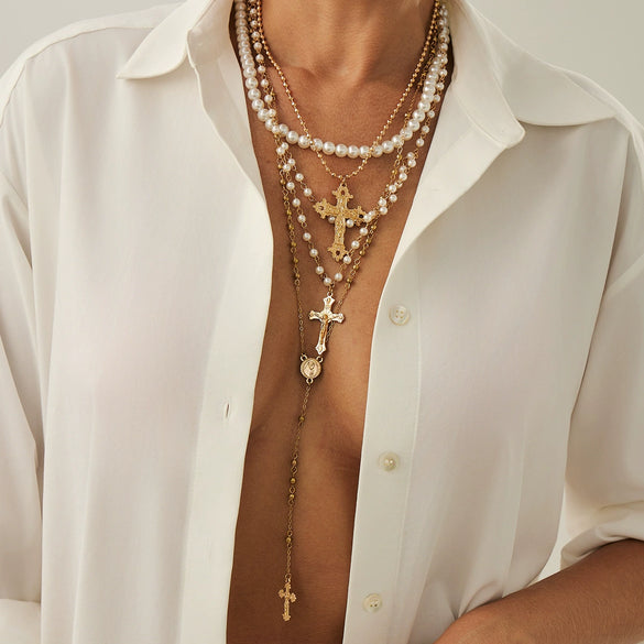 Jewelry Metal Alloy Pendant Necklace With Geometric Pattern Copperclad Iron And Pearl Chain Electroplated For Women