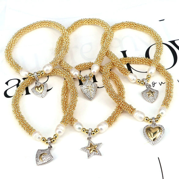 Jewelry Metal Beaded Star Moon Pendant Heart Shape Micropaved Bracelet