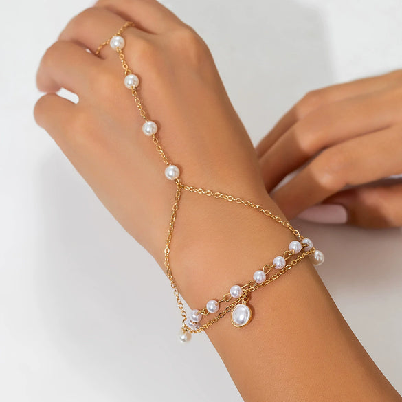 Jewelry Metal Chain Finger Bracelet For Women With Imitation Pearl Rhinestone Geometric Pattern Electroplated