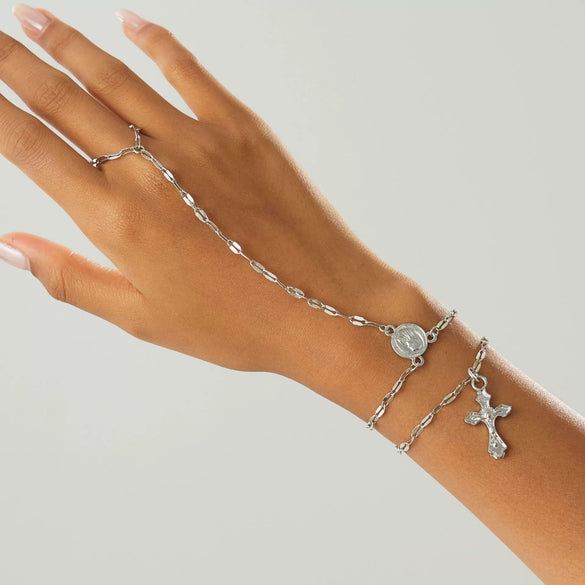 Jewelry Metal Copper Chain Alloy Geometric Finger Bracelet For Women With Electroplating And Cross Pendant Simple Style
