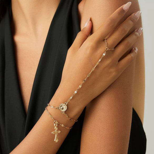 Jewelry Metal Copper Chain Alloy Geometric Finger Bracelet For Women With Electroplating And Cross Pendant Simple Style