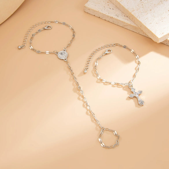 Jewelry Metal Copper Chain Alloy Geometric Finger Bracelet For Women With Electroplating And Cross Pendant Simple Style