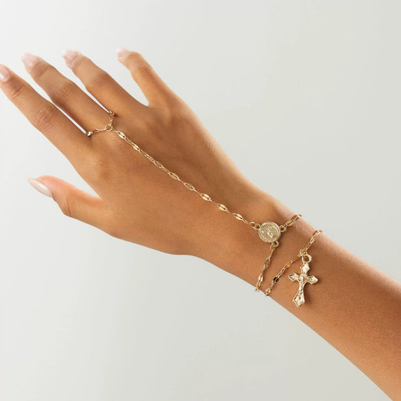 Jewelry Metal Copper Chain Alloy Geometric Finger Bracelet For Women With Electroplating And Cross Pendant Simple Style