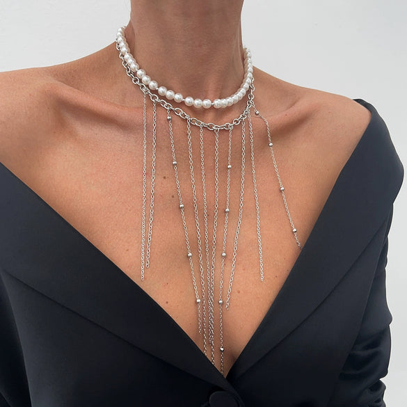 Jewelry Metal Cross Pendant Necklace Imitation Pearl Iron Chain Copper Clad Chain Alloy Pendant Geometric Electroplated