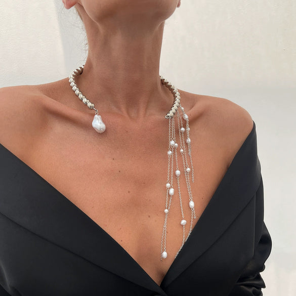 Jewelry Metal Cross Pendant Necklace Imitation Pearl Iron Chain Copper Clad Chain Alloy Pendant Geometric Electroplated