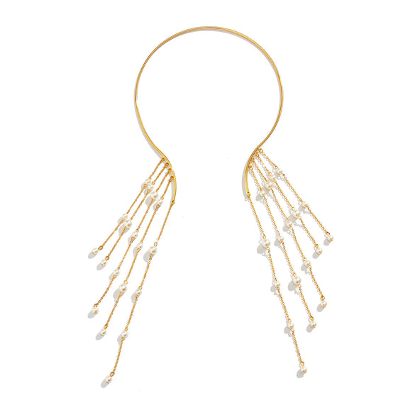 Jewelry Metal Imitation Pearl Pendant Collar Tassel Open Choker Necklace With Geometric Pattern And Electroplating Treatment