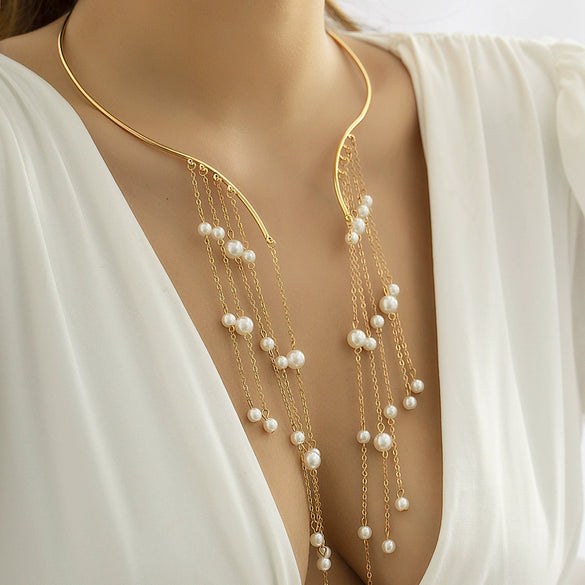 Jewelry Metal Imitation Pearl Pendant Collar Tassel Open Choker Necklace With Geometric Pattern And Electroplating Treatment