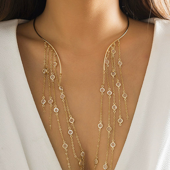 Jewelry Metal Imitation Pearl Pendant Collar Tassel Open Choker Necklace With Geometric Pattern And Electroplating Treatment