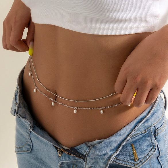 Jewelry Metal Imitation Pearl Snake Bone Body Chain Waist Chain Retro Tassel Round Bead Sweet Cool Style