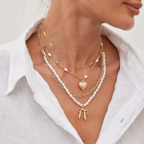 Jewelry Metal Necklace With Multilayer Bow And Love Pendant Imitation Pearls Alloy Electroplating For Women