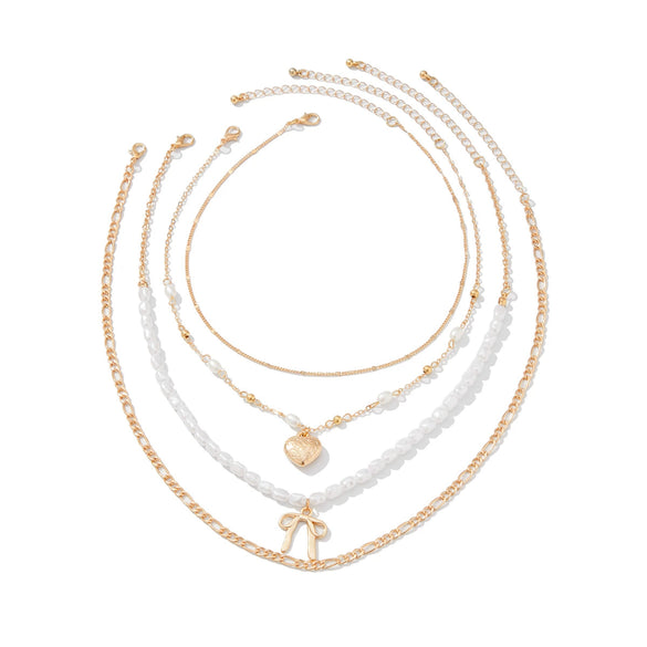 Jewelry Metal Necklace With Multilayer Bow And Love Pendant Imitation Pearls Alloy Electroplating For Women