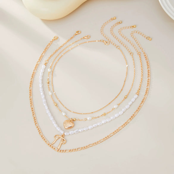 Jewelry Metal Necklace With Multilayer Bow And Love Pendant Imitation Pearls Alloy Electroplating For Women