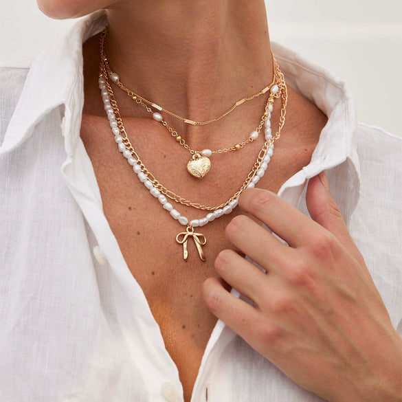 Jewelry Metal Necklace With Multilayer Bow And Love Pendant Imitation Pearls Alloy Electroplating For Women