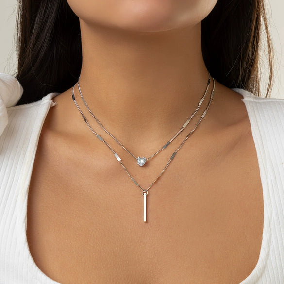 Jewelry Metal Organic Glass Heartshaped Geometric Doublelayer Microinlaid Electroplated Ochain Necklace For Women