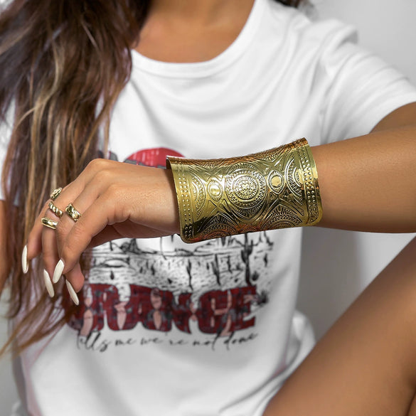 Jewelry Metal Retro Punk Style Geometric Printed Carving Opening Bracelet With Electroplating