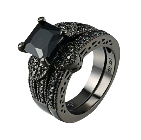 Jewelry Metal Ring With Inlaid Black Zircon Leaves Geometric Style Electroplating