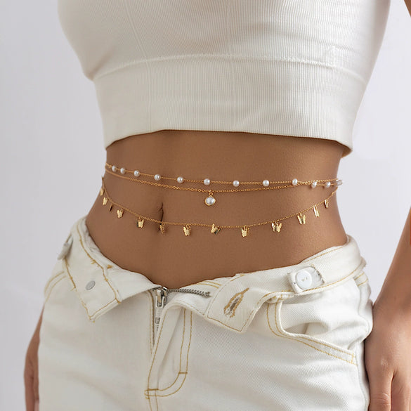 Jewelry Metal Stacked Chain Tassel Star Moon Rhinestone Waist Chain Butterfly Imitation Pearl Body Chain For Women