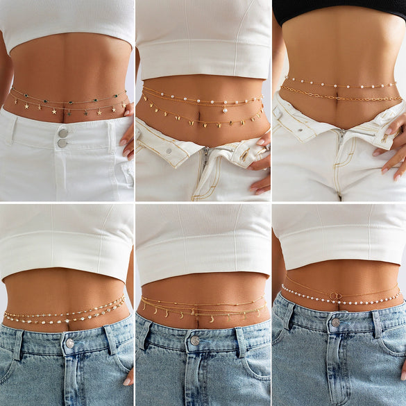 Jewelry Metal Stacked Chain Tassel Star Moon Rhinestone Waist Chain Butterfly Imitation Pearl Body Chain For Women