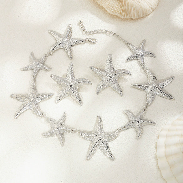 Jewelry Metal Starfish And Fivepointed Star Pendant Necklace Handmade Electroplating Geometric Style For Women