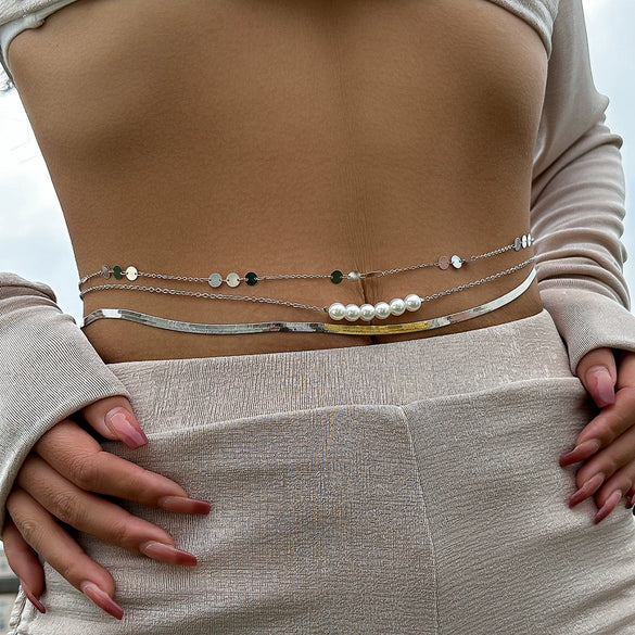 Jewelry Metal Style Snake Bone Waist Chain With Imitation Pearl And Multiple Circles