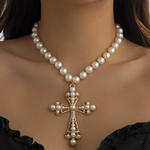 Jewelry Multi Layer Imitation Pearl And Alloy Cross Clavicle Chain With Geometric Design And Electroplating Treatment