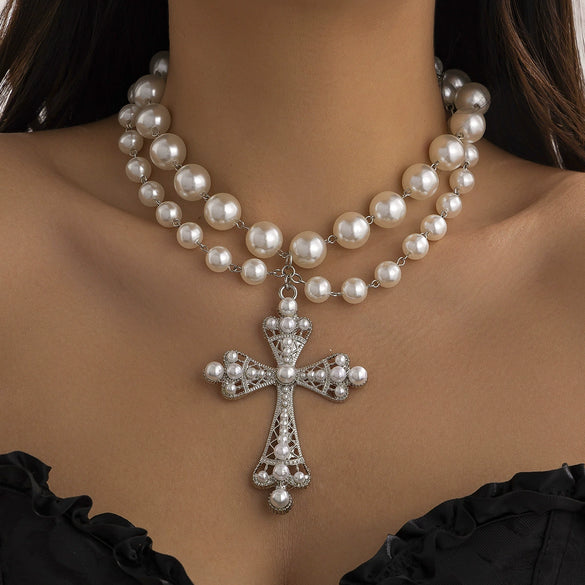 Jewelry Multi Layer Imitation Pearl And Alloy Cross Clavicle Chain With Geometric Design And Electroplating Treatment