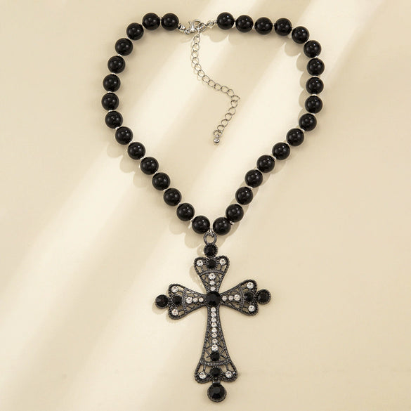 Jewelry Multi Layer Imitation Pearl And Alloy Cross Clavicle Chain With Geometric Design And Electroplating Treatment