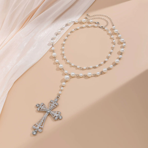 Jewelry Multi Layer Imitation Pearl And Alloy Cross Clavicle Chain With Geometric Design And Electroplating Treatment