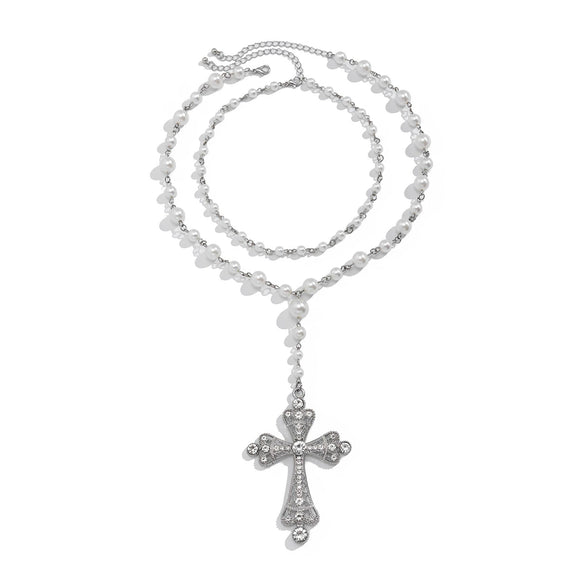 Jewelry Multi Layer Imitation Pearl And Alloy Cross Clavicle Chain With Geometric Design And Electroplating Treatment