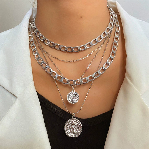 Jewelry Multilayer Round Pendant Necklace Alloy Geometric Electroplating Unisex