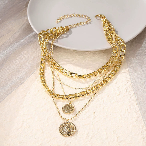 Jewelry Multilayer Round Pendant Necklace Alloy Geometric Electroplating Unisex