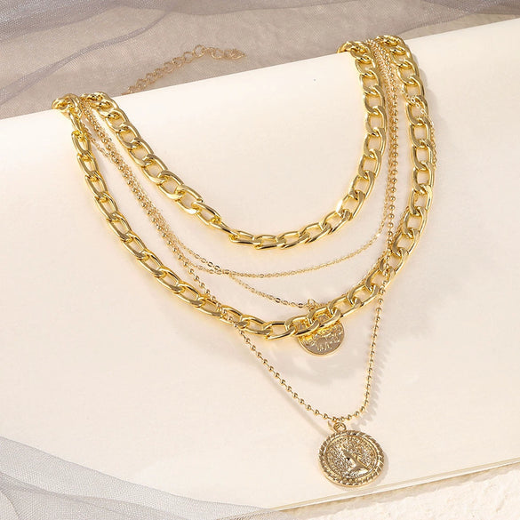 Jewelry Multilayer Round Pendant Necklace Alloy Geometric Electroplating Unisex