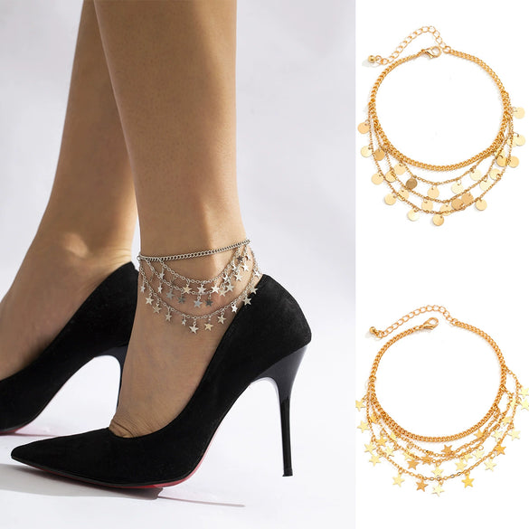 Jewelry Multilayer Sequin Star Tassel Ushaped Metal Chain Anklet Women's Geometric