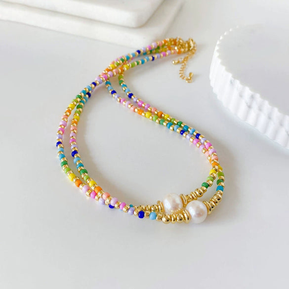 Jewelry Natural Freshwater Pearl And Organic Glass Beaded Handwoven Geometric Style Necklace For Women