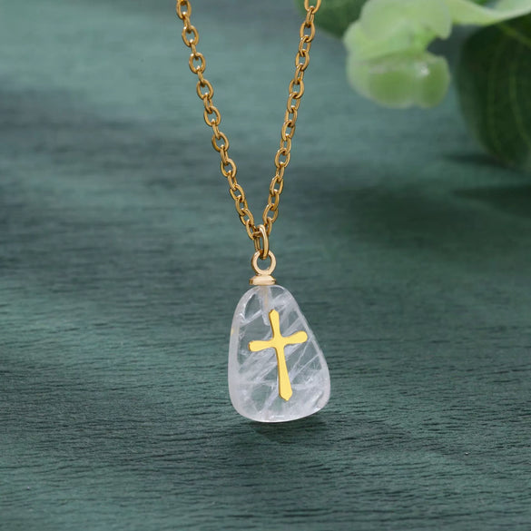 Jewelry Natural Stone Cross Stainless Steel O Shaped Chain Micropaved Necklace