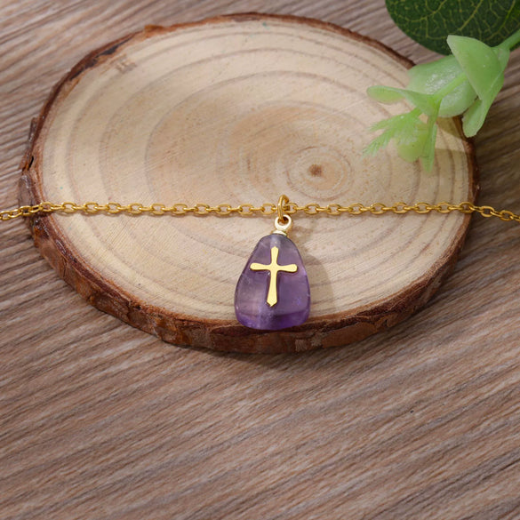 Jewelry Natural Stone Cross Stainless Steel O Shaped Chain Micropaved Necklace